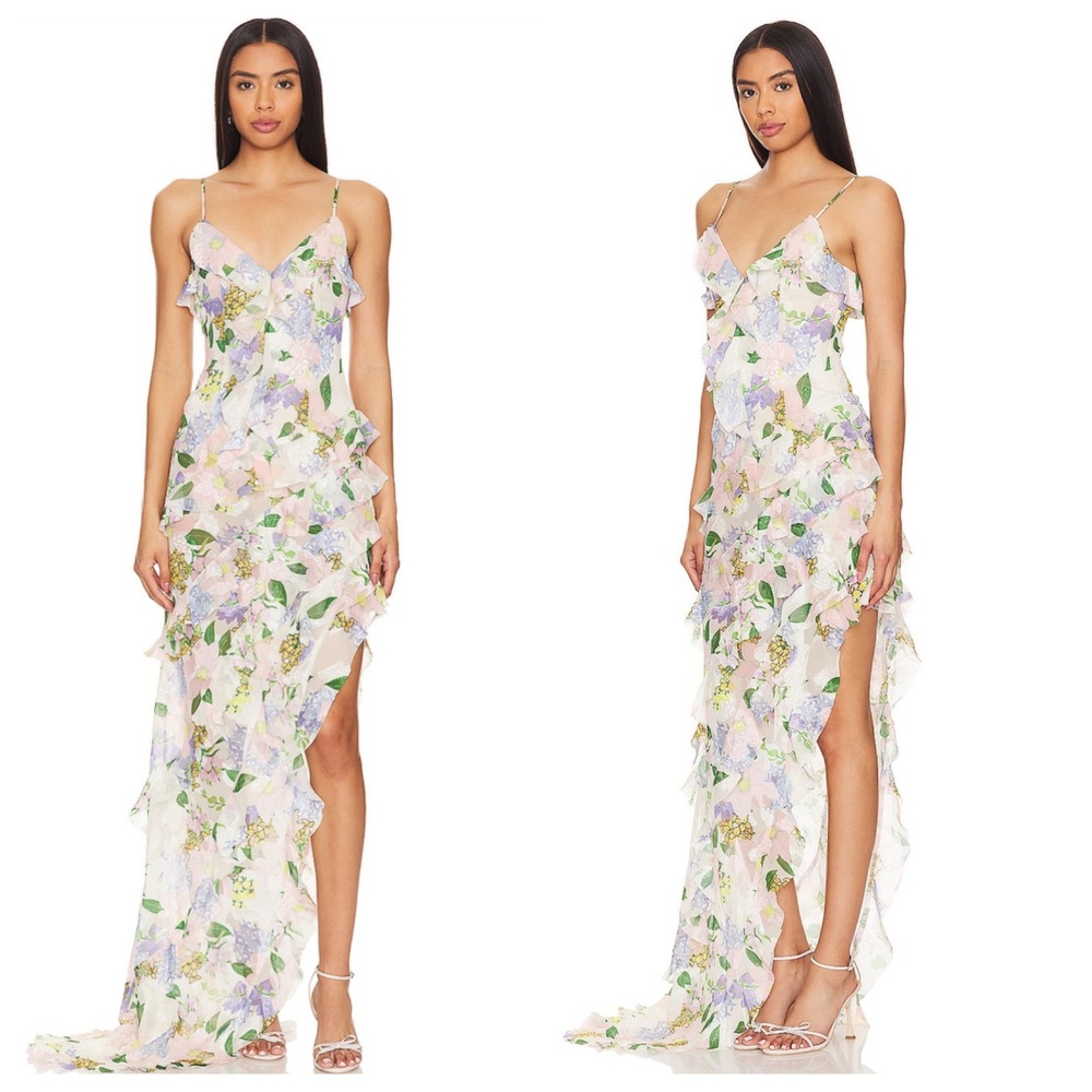 Elliatt Revolve Cosima Floral Ruffle Maxi Dress Multi Color High Low XXS